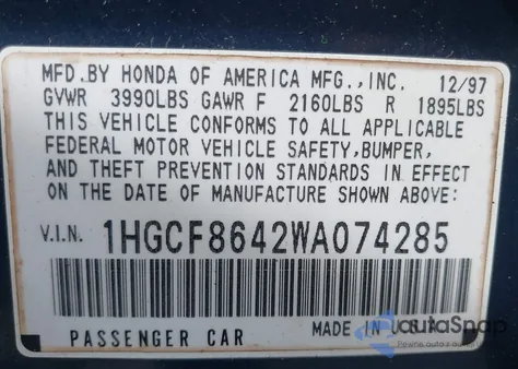 1998 Honda Accord Dx из США, поврежденный, VIN 1HGCF8642WA074285